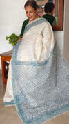 Cream and Blue Block Printed Tepchi Kota Saree - B62N