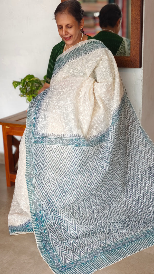 Cream and Blue Block Printed Tepchi Kota Saree - B62N