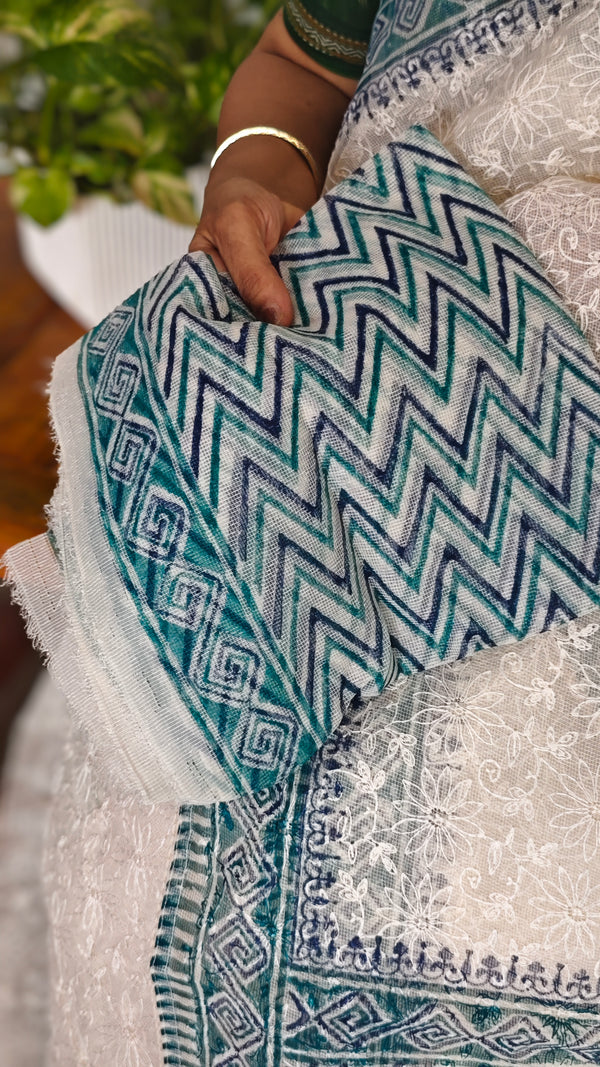 Cream and Blue Block Printed Tepchi Kota Saree - B62N