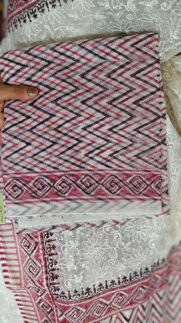 Cream and pink Block Printed Tepchi Kota Saree - B62N