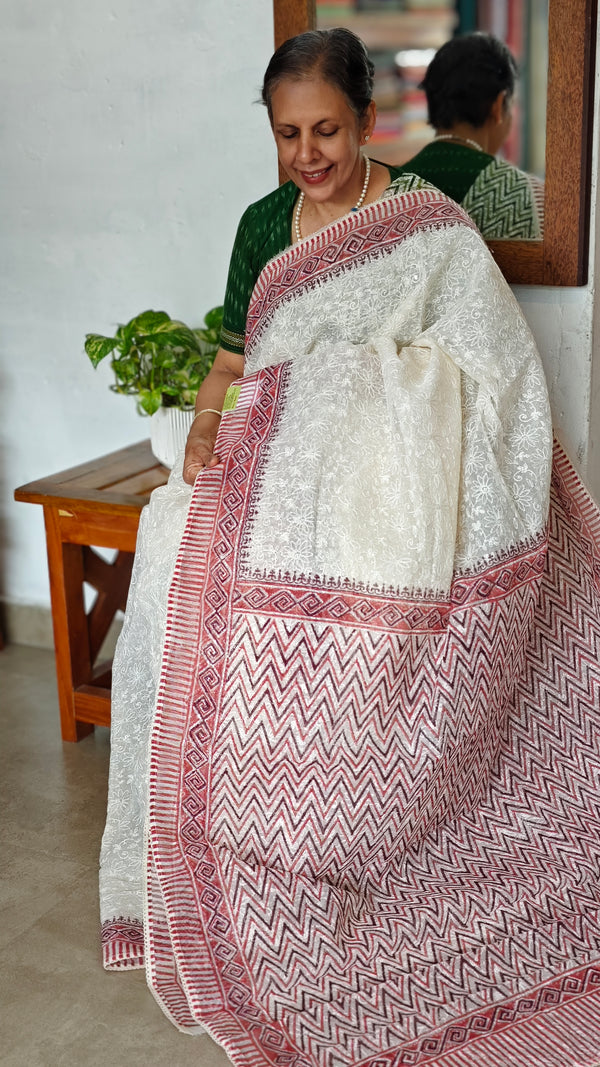 Cream and Brick Red Block Printed Tepchi Kota Saree - B62N