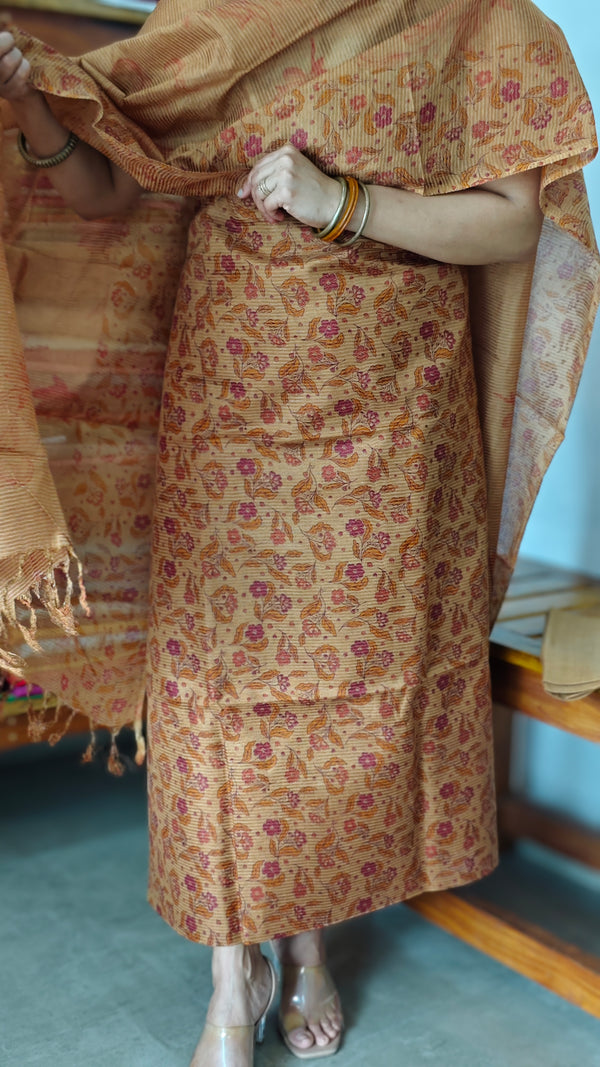 Mustard Floral Printed Noil Tussar Silk Suit - AS56 - 1