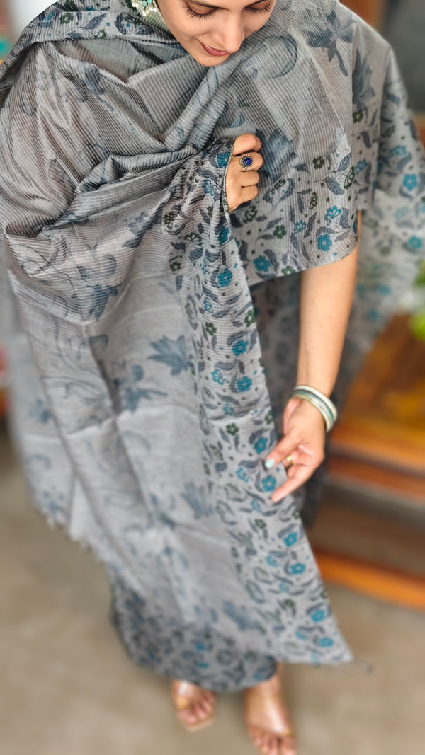 Bluish Grey Floral Printed Noel Tussar Suit - AS56 - 1