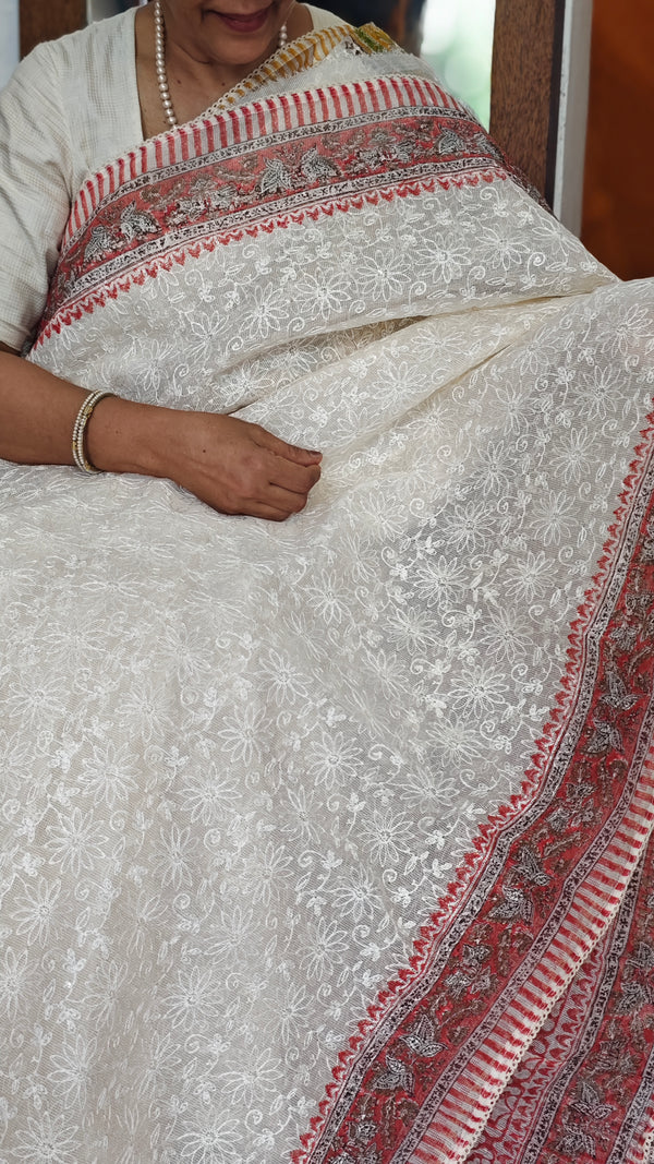 Cream and Peach Block Printed Tepchi Kota Saree - B62N