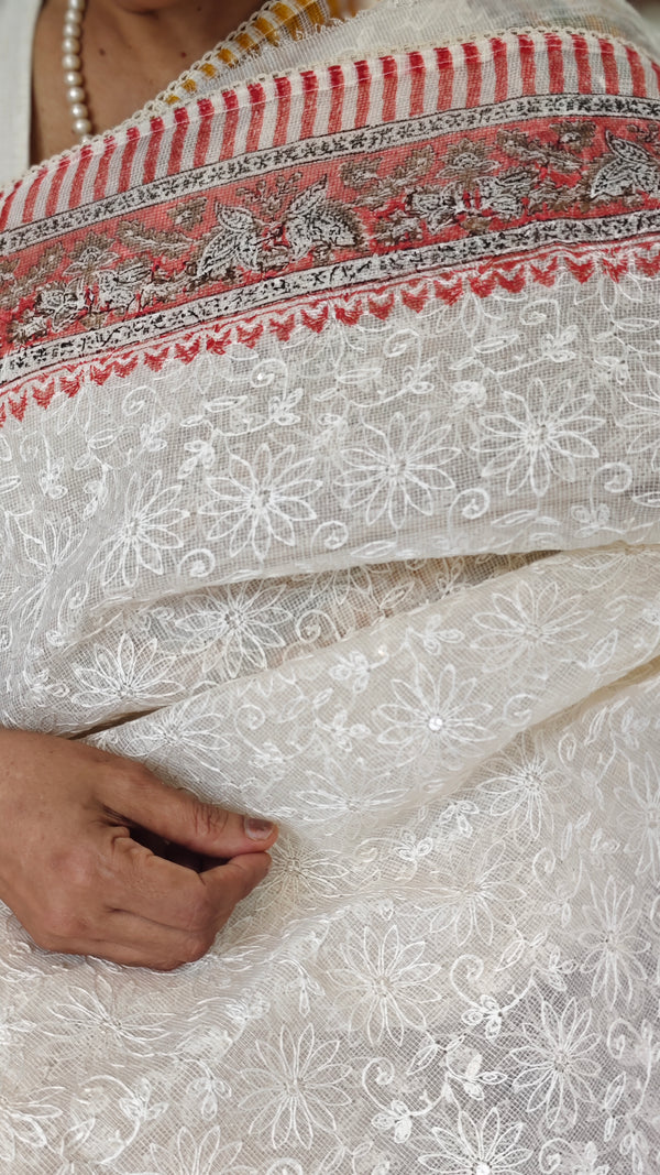 Cream and Peach Block Printed Tepchi Kota Saree - B62N