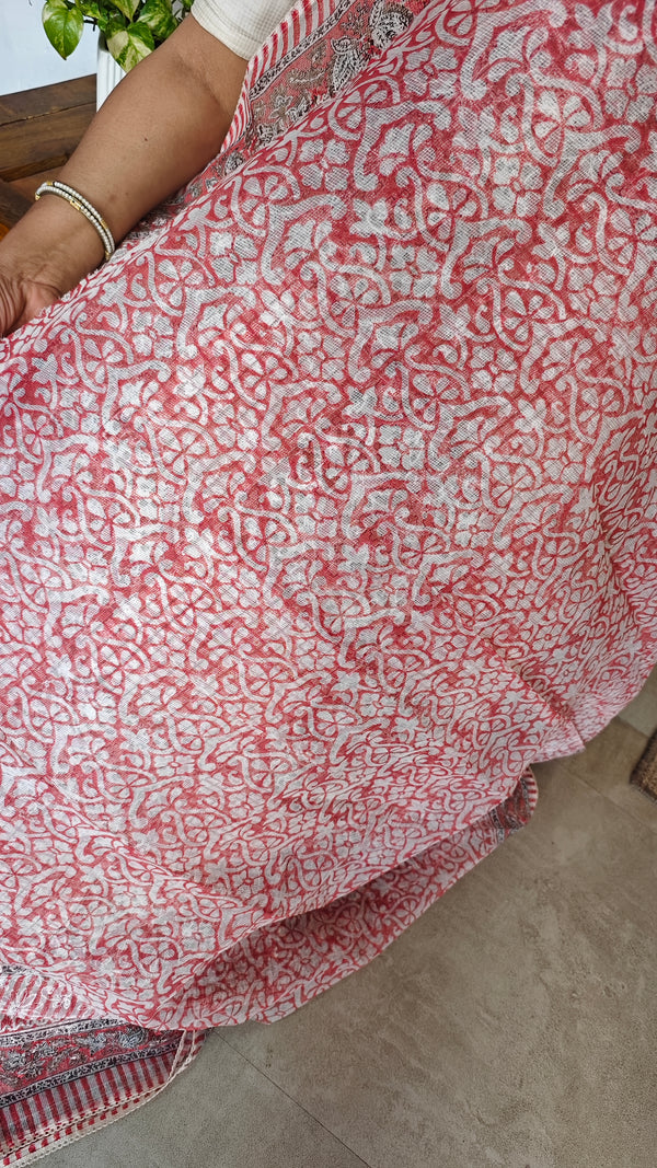 Cream and Peach Block Printed Tepchi Kota Saree - B62N