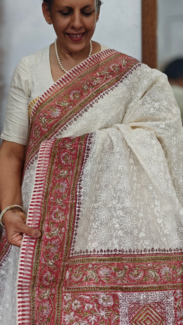 Cream and Red Block Printed Tepchi Kota Saree - B62N