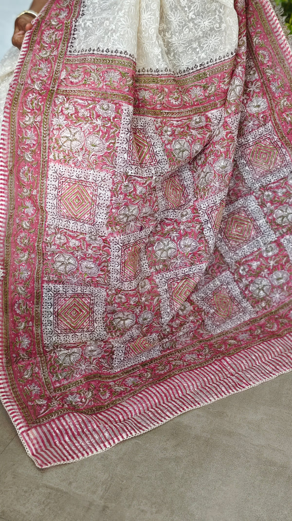 Cream and Pink Block Printed Tepchi Kota Saree - B62N - 2