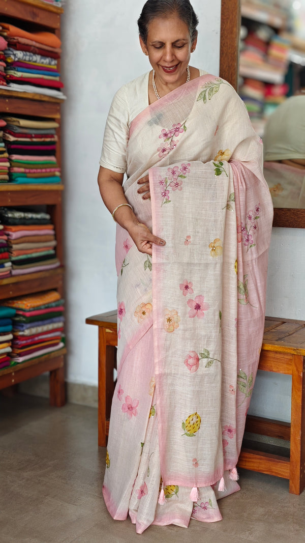 Light Beige and Pink Floral Printed Tissue Linen Saree - 32WE