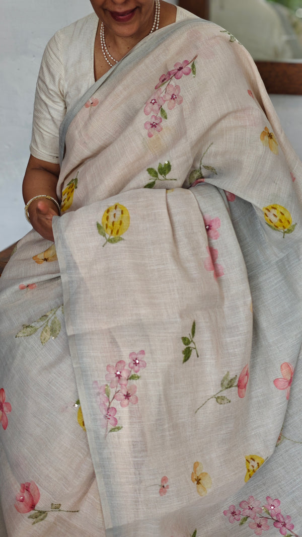Light Beige and Blue Floral Printed Tissue Linen Saree - 32WE