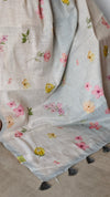 Light Beige and Blue Floral Printed Tissue Linen Saree - 32WE