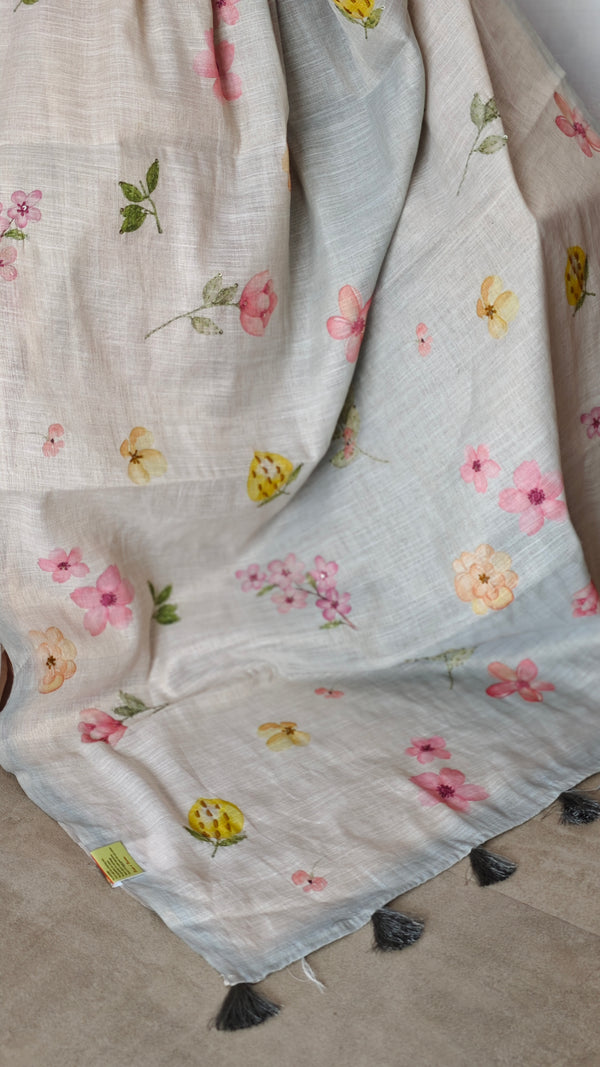 Light Beige and Blue Floral Printed Tissue Linen Saree - 32WE