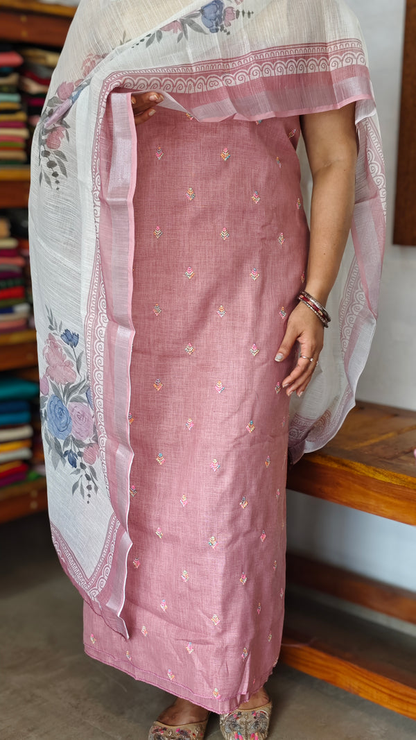 Mauve Embroidered Linen Cotton Embroidered Suit - BVC3