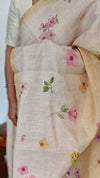 Light Beige and Yellow Floral Printed Tissue Linen Saree - 32WE