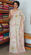 Light Beige and Peach Floral Printed Linen Tissue Saree - 32WE