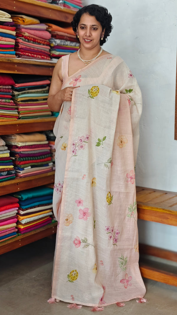 Light Beige and Peach Floral Printed Linen Tissue Saree - 32WE