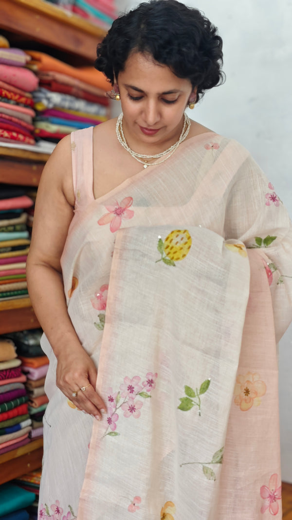 Light Beige and Peach Floral Printed Linen Tissue Saree - 32WE