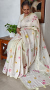 Light Beige and Freen Floral Printed Linen Tissue Saree - 32WE