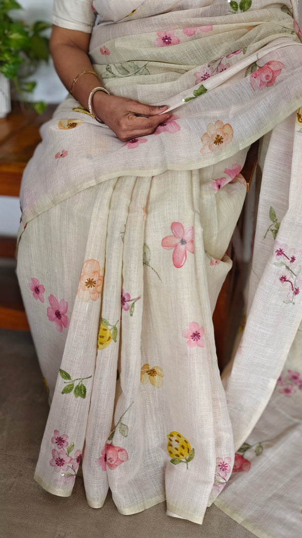 Light Beige and Freen Floral Printed Linen Tissue Saree - 32WE