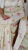 Light Beige and Freen Floral Printed Linen Tissue Saree - 32WE