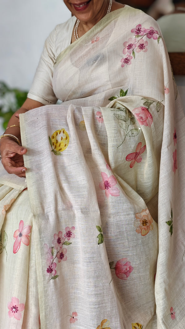 Light Beige and Freen Floral Printed Linen Tissue Saree - 32WE