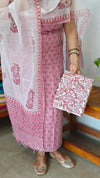 Pink and White Block Printed Kota Doria Suit - GD331