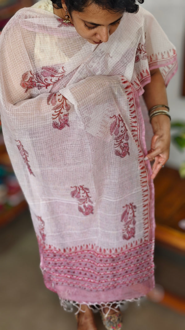 Pink and White Block Printed Kota Doria Suit - GD331