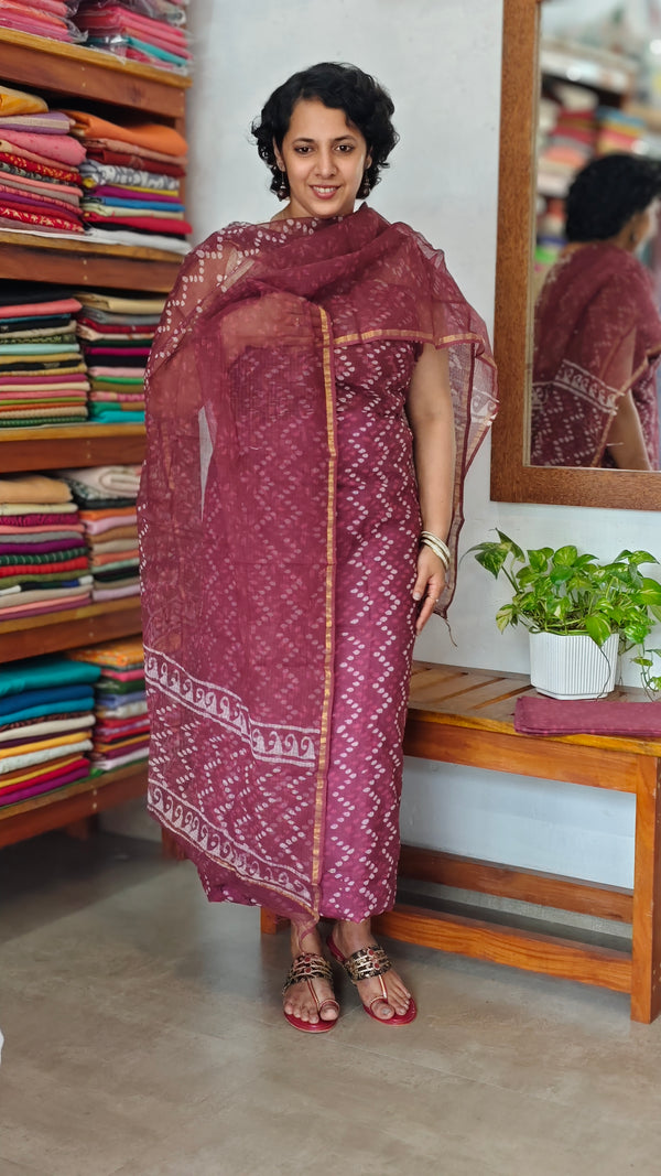 Dark Wine Block Printed Kota Doria Suit - GD331