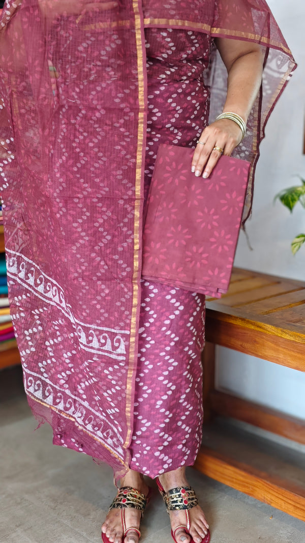 Dark Wine Block Printed Kota Doria Suit - GD331