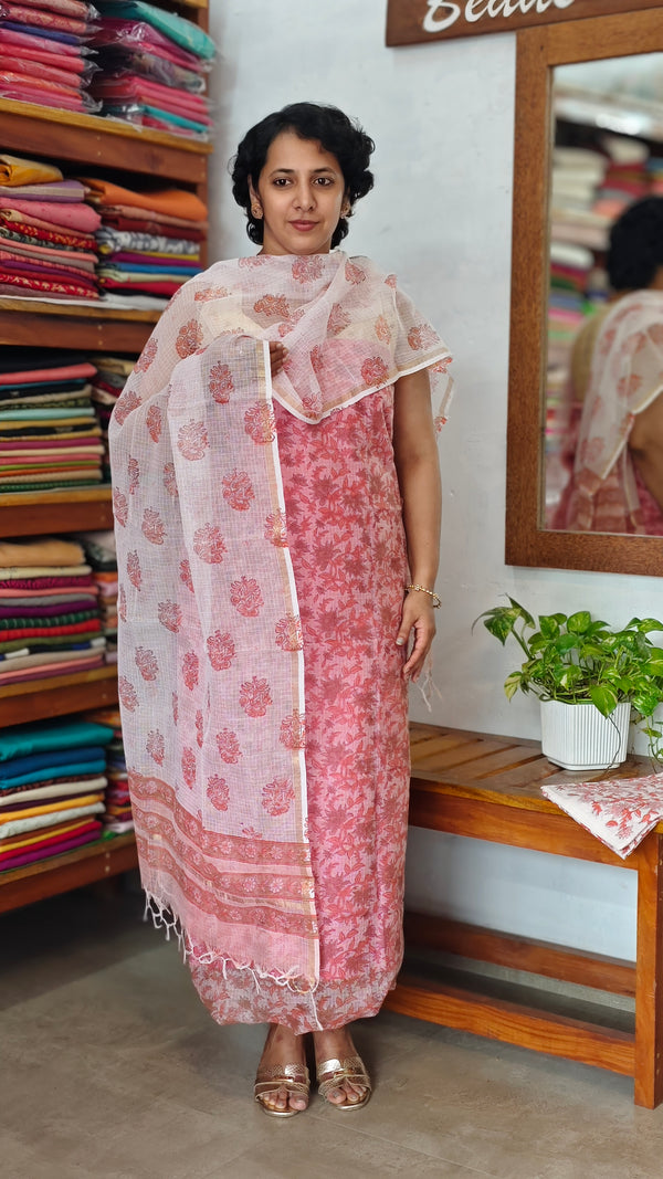 Peach Block Printed Kota Doria Suit - GD331