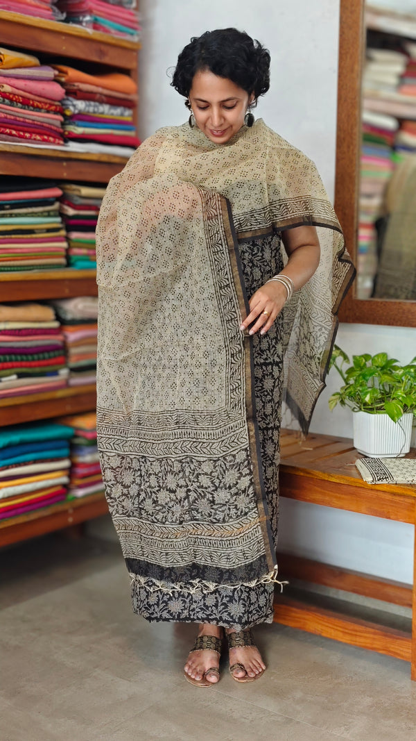 Black and Beige Floral Block Printed Kota Doria Suit - GD331