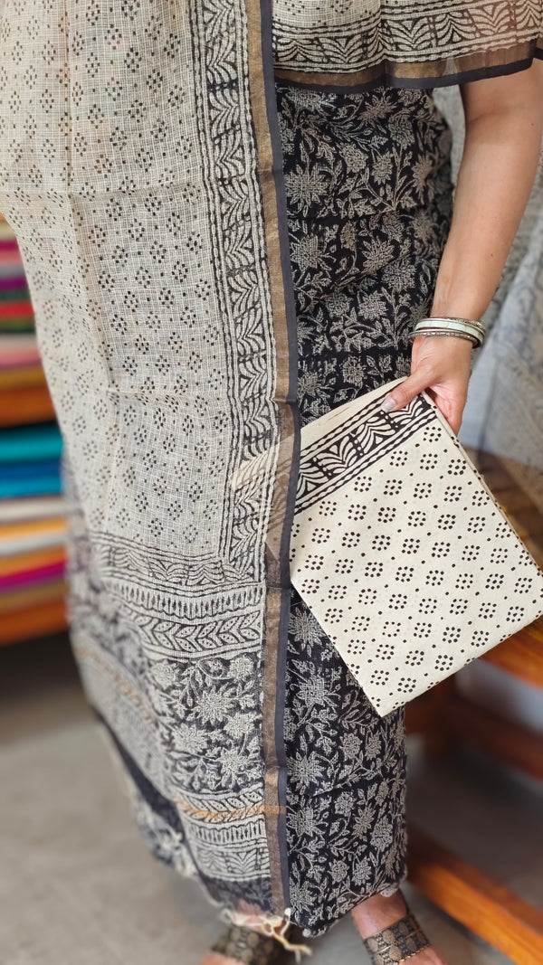 Black and Beige Floral Block Printed Kota Doria Suit - GD331