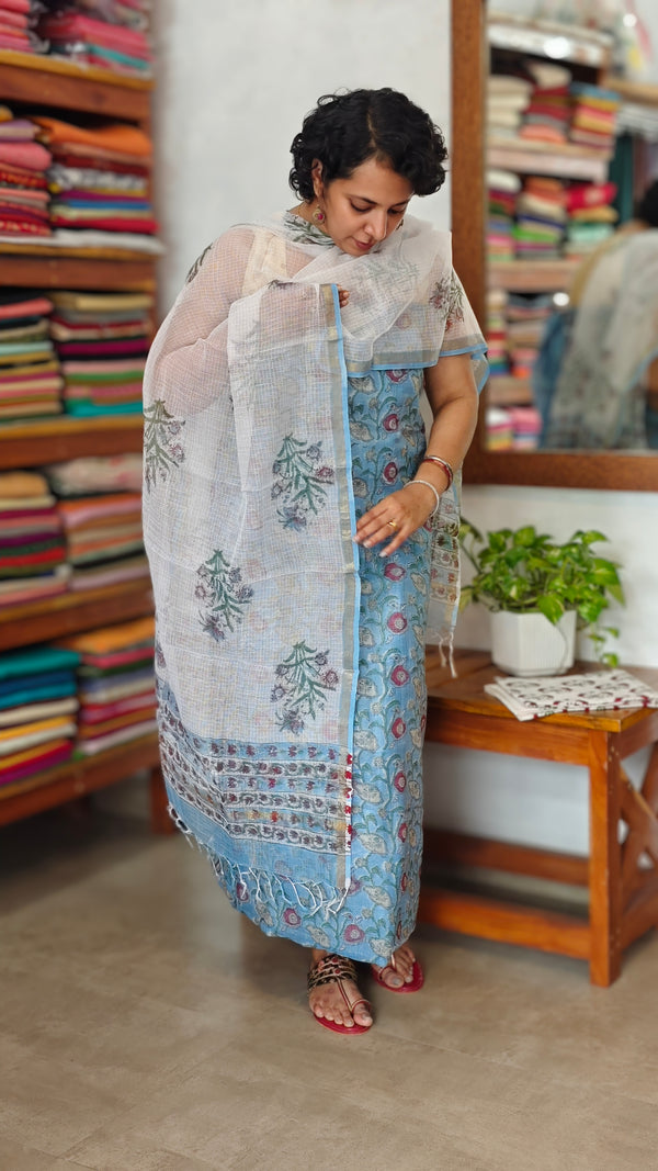 Light Blue and White Block Prined Kota Doria Suit - GD331