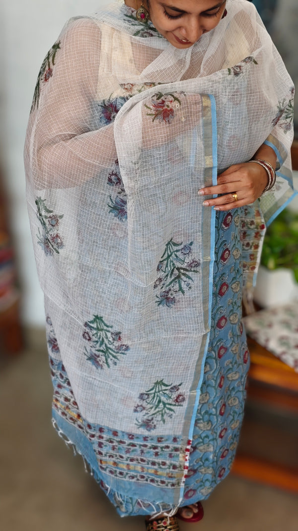Light Blue and White Block Prined Kota Doria Suit - GD331