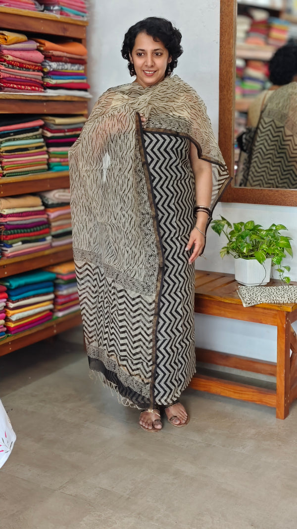 Black and Beige Zig Zag Block Printed Kota Doria Suit - GD331