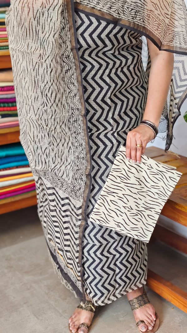 Black and Beige Zig Zag Block Printed Kota Doria Suit - GD331