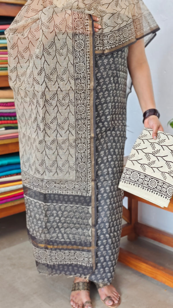 Black and Beige Floral Bagru Print Kota Doria Suit - GD331