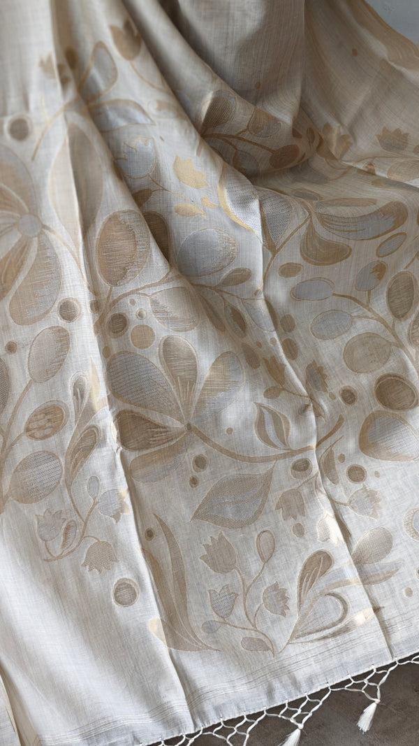 Ivory Chanderi Saree with Gold and Silver Jamdani Weaving - RLA2 - 2