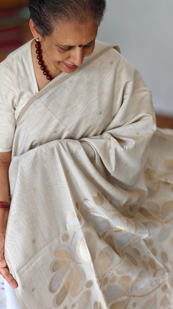 Ivory Chanderi Saree with Gold and Silver Jamdani Weaving - RLA2 - 2