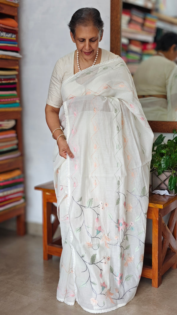 Cream Muslin Saree with Parsi Embroidery - 6437