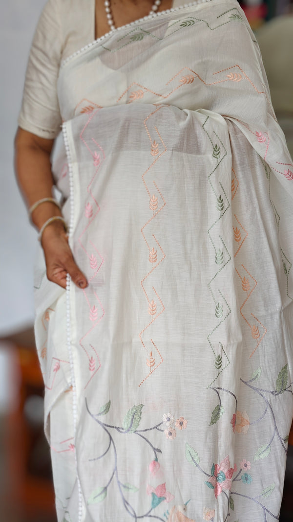 Cream Muslin Saree with Parsi Embroidery - 6437