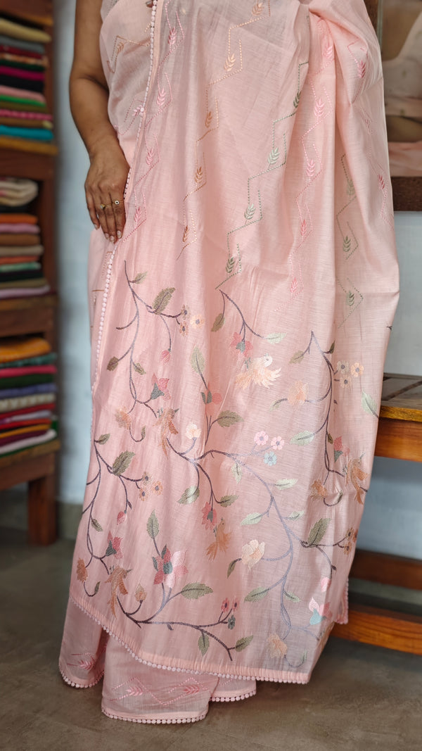 Peach Muslin Saree with Parsi Embroidery - 6437