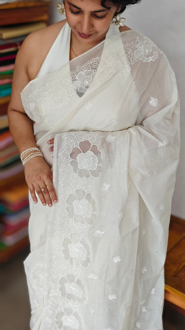 Milky White Mal Chanderi Applique Embroidered Saree - H8812 - A