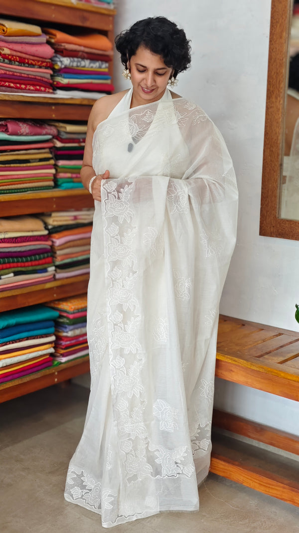 Milky White Mal Chanderi Applique Embroidered Saree - H8812 - B