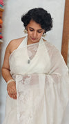 Milky White Mal Chanderi Applique Embroidered Saree - H8812 - B
