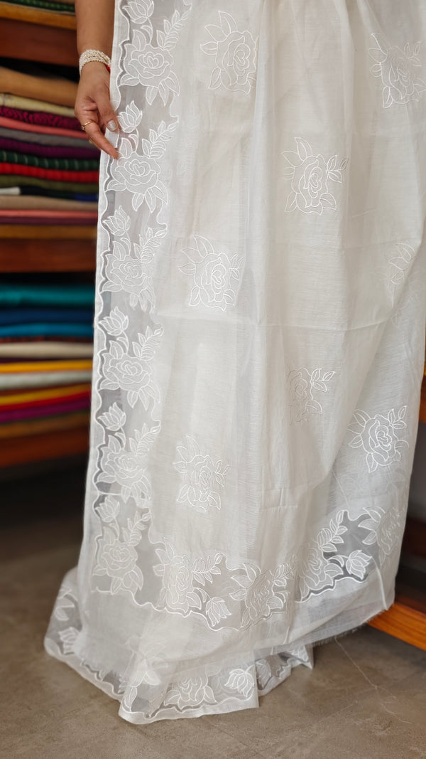 Milky White Mal Chanderi Applique Embroidered Saree - H8812 - B