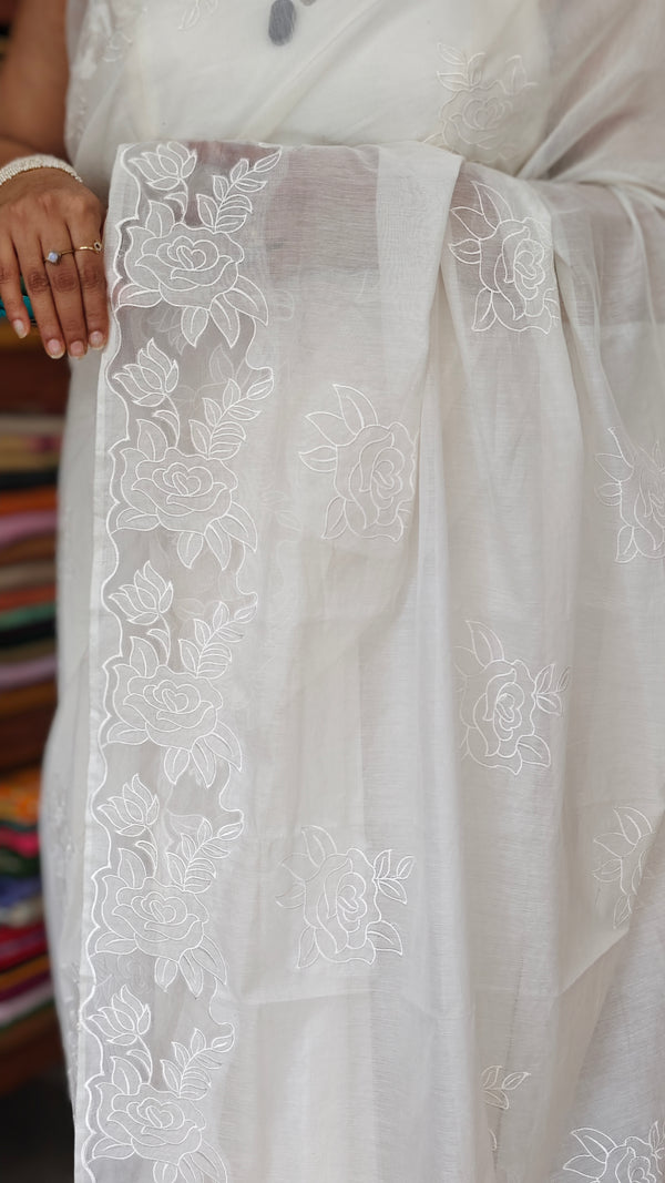 Milky White Mal Chanderi Applique Embroidered Saree - H8812 - B