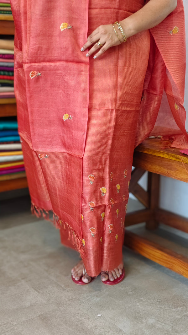 Burnt Orange Checked Tussar Silk Suit - 81NZ