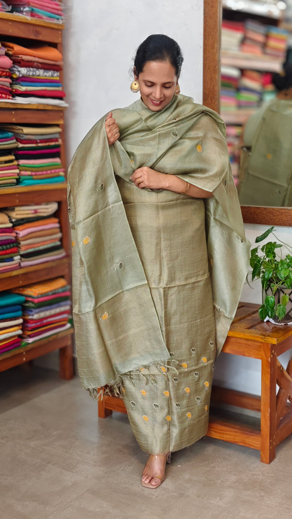 Sage Green Checked Tussar Silk Suit - 81NZ - A