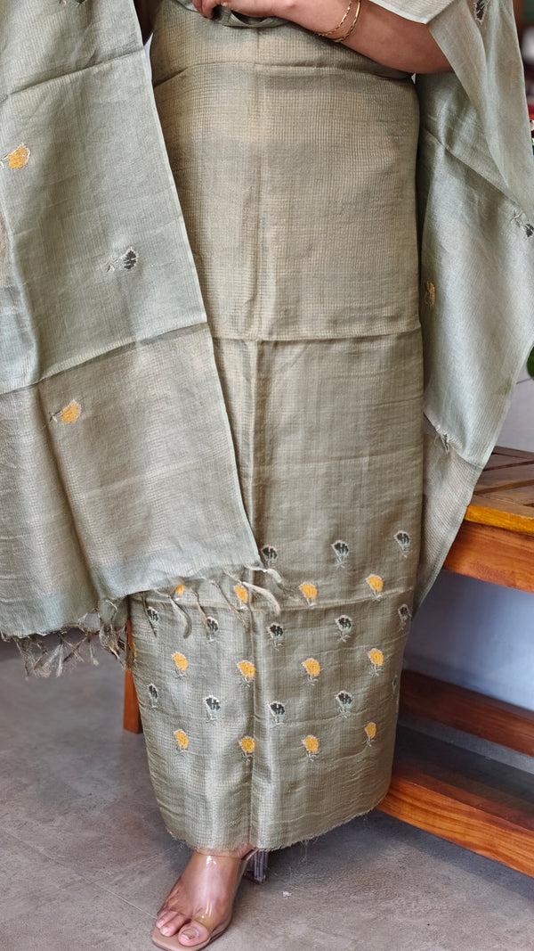 Sage Green Checked Tussar Silk Suit - 81NZ - A
